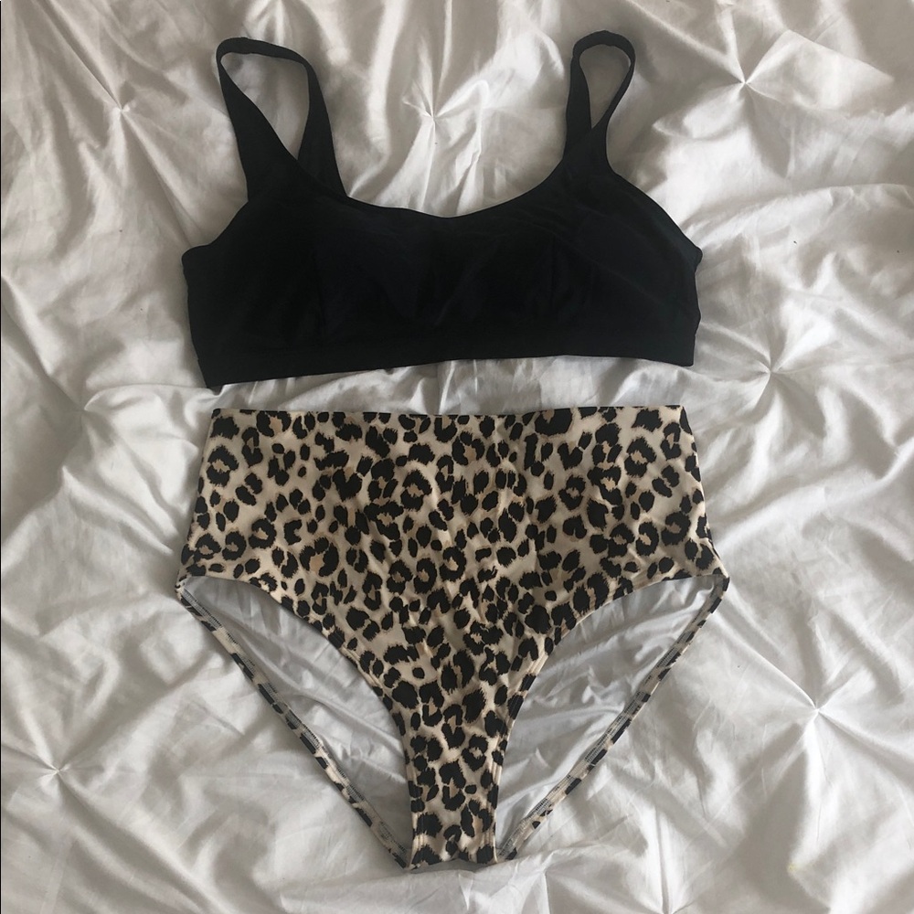 Old Navy Black Cut Out Top with Leopard High-Waist Bikini Bottoms